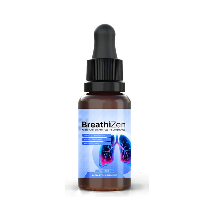 BreathiZen lung support oral spray, 2 fl oz amber glass bottle with a blue label